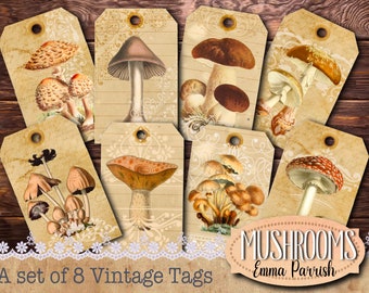 Vintage Mushroom Printable Tags, Vintage Mushroom Junk Journal, Mushroom Luggage Tags, Toadstool,  Embellishments, Nature Digital Scrapbook