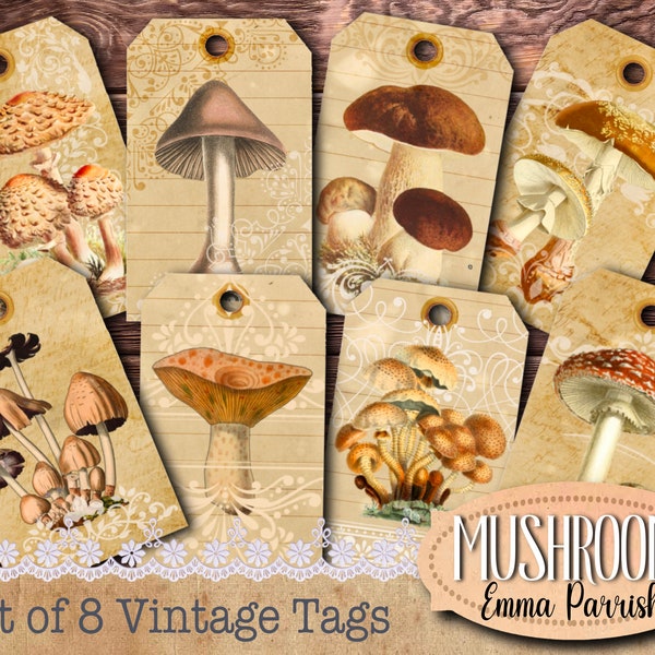 Vintage Mushroom Printable Tags, Vintage Mushroom Junk Journal, Mushroom Luggage Tags, Toadstool,  Embellishments, Nature Digital Scrapbook