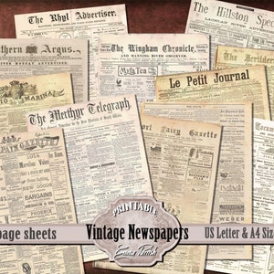 Vintage Zeitung Druckbares digitales Papier Pack, Junk Journal Papier, druckbares Decoupage Papier, altes Papier, Scrapbook Collage Blätter Herunterladen