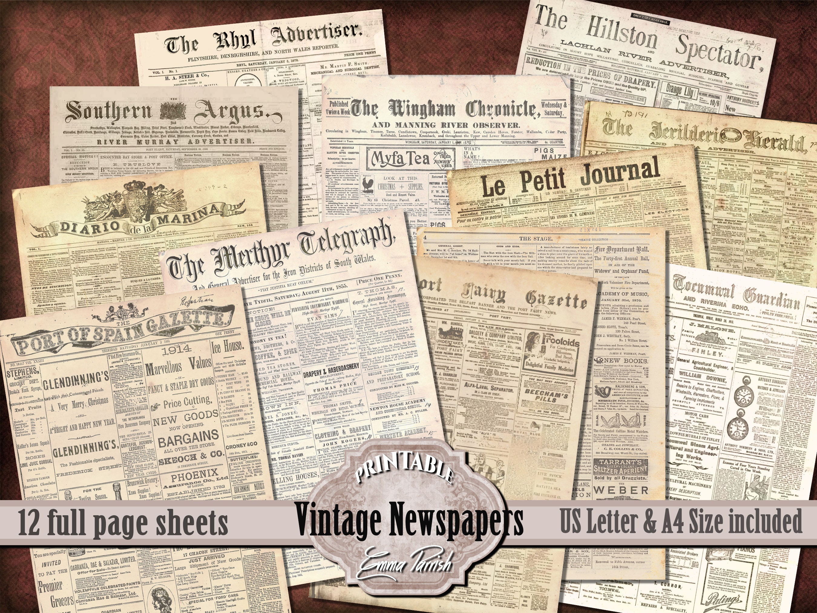 VINTAGE NEWSPAPERS 8.5x11 Inch Letter Size Digital Printable Scrapbook Paper  Background, Vintage Journal Backdrop 