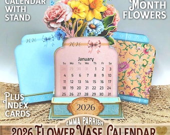 2026 Flower Vase Desk Calendar Printable, Cricut Tested DIY Papercraft, Digital Download Birth Flower Monthly Calendar with Stand, Gift Idea
