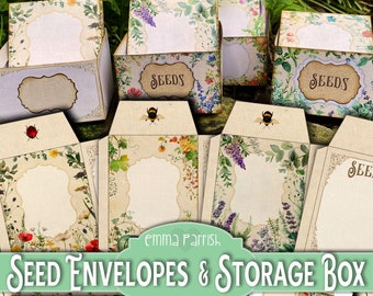 Seed Envelopes & Storage Box Printable, Junk Journal Ephemera Storage, Vegetable Herb Flower Seed Packet Organizer, Gardeners Gift