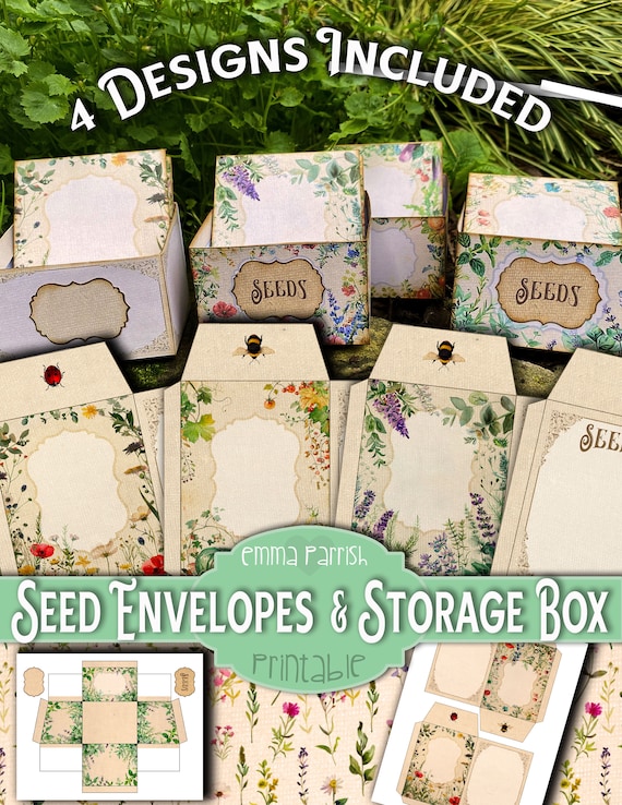 Seed Envelopes & Storage Box Printable, Junk Journal Ephemera Storage, Vegetable Herb Flower Seed Packet Organizer, Gardeners Gift
