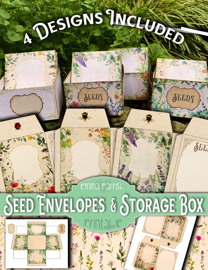 Seed Envelopes & Storage Box Printable, Junk Journal Ephemera Storage, Vegetable Herb Flower Seed Packet Organizer, Gardeners Gift image 1