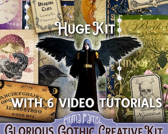 May include: A digital collage kit featuring gothic imagery including a winged figure, a crescent moon, a ouija board, and text labels like Dragons Tears and Deadly Nightshade. The kit includes 6 video tutorials and is titled Glorious Gothic Creative Kit.