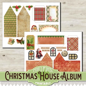 May include: Printable Christmas house album with red and green plaid, Santa Claus, and festive cheer text. The album is designed to be cut out and assembled.