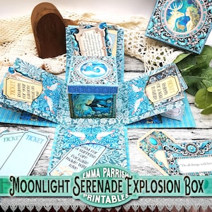Moonlight Serenade Explosion Box, Gift Box Printable, Valentines Love Tokens, Papercraft Gift, Junk Journal, Card Making, Blue & Turquoise