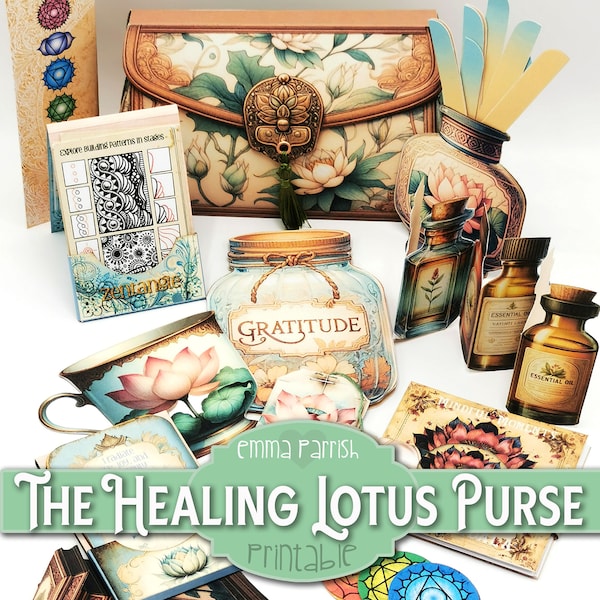 Healing Lotus Printable Junk Journal Folio, Wellness, Gesundheit, Dankbarkeit Journal, 10 interaktive Papercraft Projekte, Brieftasche, Kartenherstellung