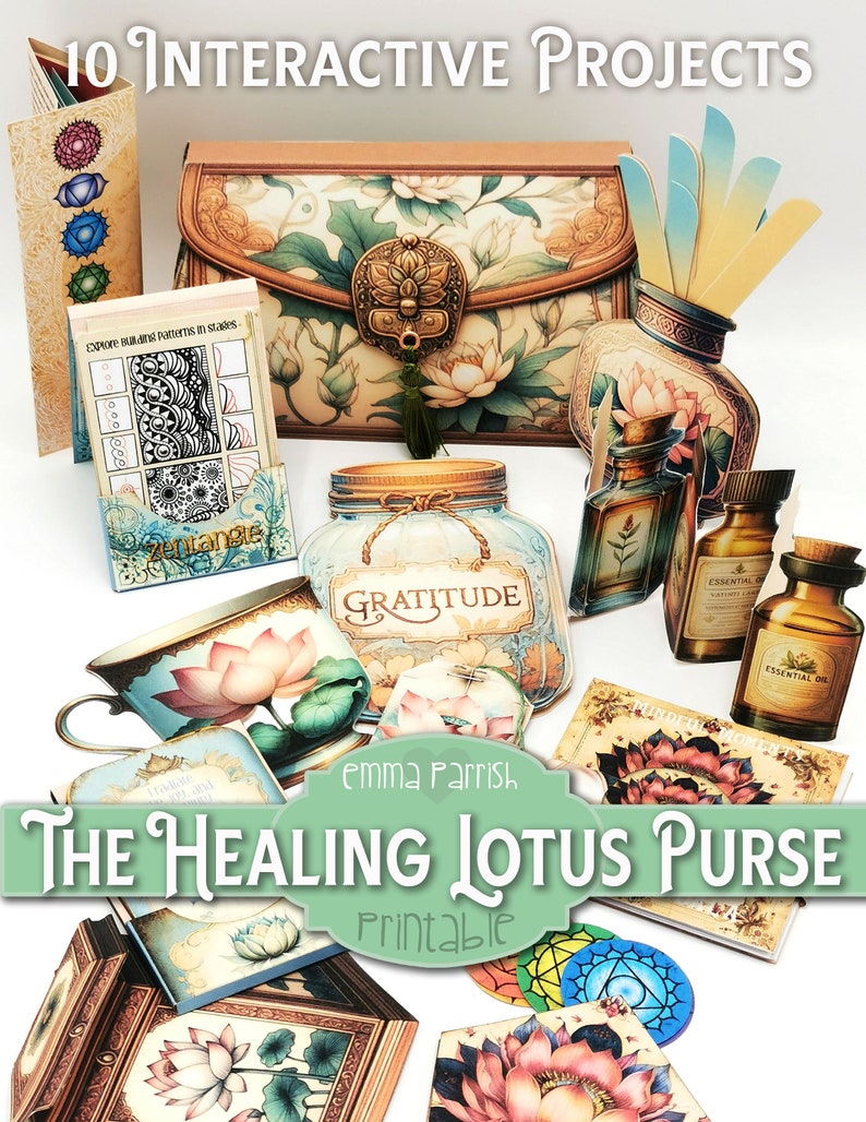 Healing Lotus Printable Junk Journal Folio, Wellness, Gesundheit, Dankbarkeit Journal, 10 interaktive Papercraft Projekte, Brieftasche, Kartenherstellung Bild 1