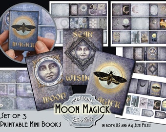 Moon Magic Mini Books Printable, Junk Journal, Gothic, Wicca, Pagan, Vintage, Ephemera Pack, Memory Book Scrapbook Collage, 3 Book Set