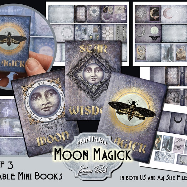 Moon Magic Mini Books Printable, junk journal, Gothic, Wicca, Pagan, Vintage, Ephemera Pack, Memory Book Scrapbook Collage, 3 Book Set