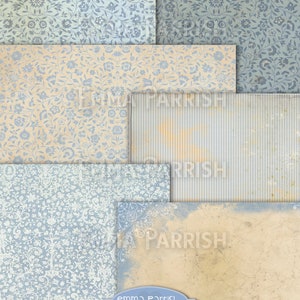 May include: A digital paper pack with six different designs featuring blue and white floral patterns, a striped pattern, and a textured paper. The pack is titled "Forget Me Not Fairies" by Emma Parrish.