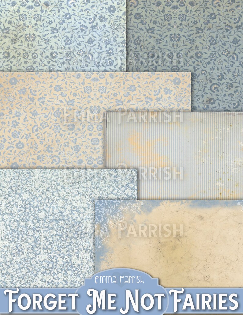 May include: A digital paper pack with six different designs featuring blue and white floral patterns, a striped pattern, and a textured paper. The pack is titled "Forget Me Not Fairies" by Emma Parrish.