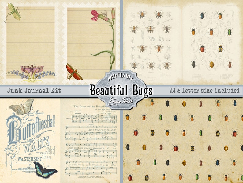 May include: Printable junk journal kit with a vintage aesthetic featuring butterflies, bugs, and floral illustrations. The kit includes lined paper, sheet music, and patterned paper with a bug motif. The text "Beautiful Bugs" is featured on the kit.