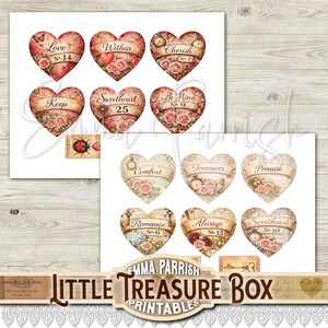 May include: Two sheets of vintage-style heart-shaped printables. Each heart features a unique design with floral accents, banners, and text like "Love," "Cherish," and "Sweetheart." The overall color palette is a mix of reds, pinks, and creams.