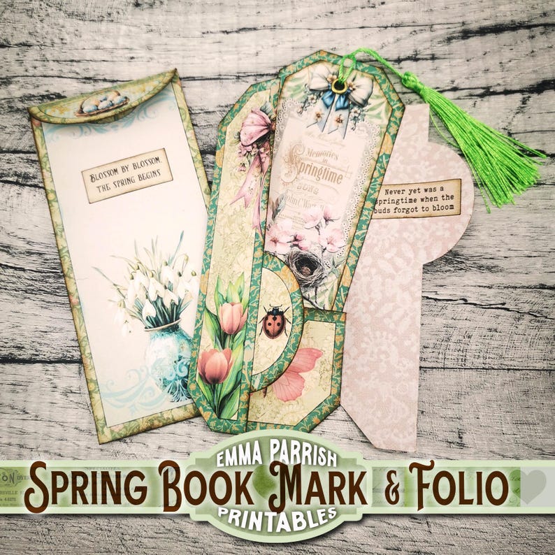 May include: Printable spring-themed bookmark and folio set with floral designs, a ladybug, and the text "Blossom by blossom the spring begins" and "Never yet was a springtime when the buds forgot to bloom".