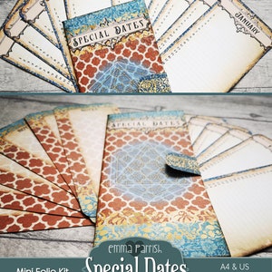 May include: A printable mini folio kit for keeping track of special dates. The kit features a cover with a blue, gold, and red geometric pattern and the text "Special Dates". The kit includes 12 monthly pages and a cover page.