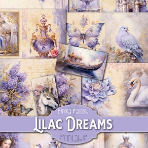 Lilac Dreams Junk Journal Kit, Purple Printable Folio, Shabby Vintage Romantic Italy, Rococo, Wisteria, Swan, Fantasy Daydream, Ephemera