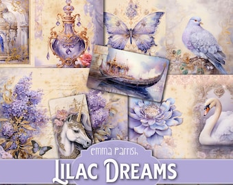 Lila dromen junk Journal Kit, paarse afdrukbare folio, shabby vintage romantisch Italië, rococo, blauweregen, zwaan, fantasie dagdroom, ephemera