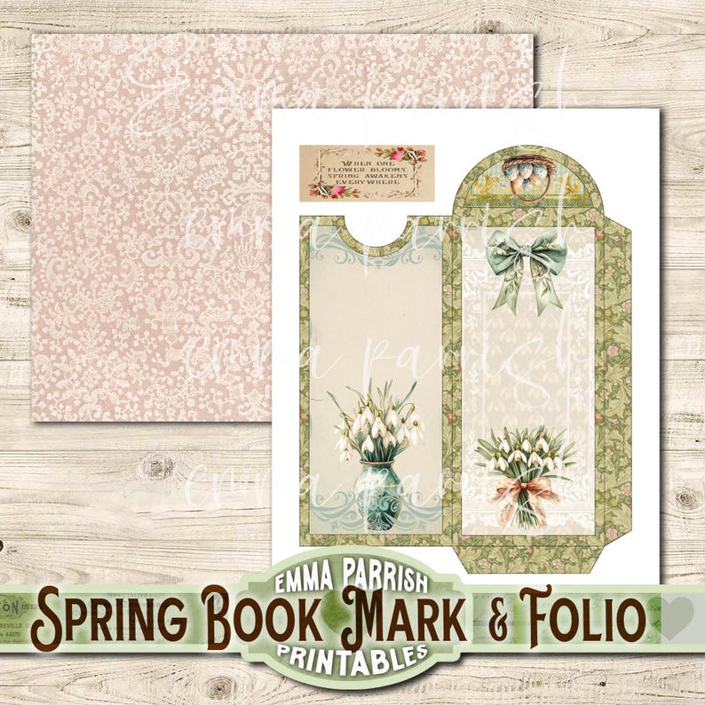 May include: Printable spring book mark and folio with a floral design. The bookmark features a bouquet of white snowdrops in a green vase. The folio features a bouquet of white snowdrops tied with a green ribbon. The text "When the first flower blooms, spring is everywhere" is on the top of the bookmark.