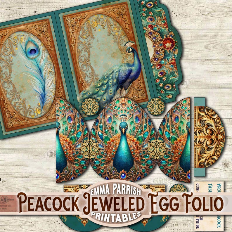 May include: Peacock Jeweled Egg Folio Printables by Emma Parrish. A printable set of decorative egg-shaped cards featuring a peacock design with gold, green, and blue colours. The cards are designed to be folded and assembled into a folio.