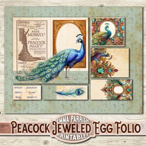 May include: A digital printable set of images featuring a peacock with iridescent blue and green feathers. The images are designed for use in a "Peacock Jeweled Egg Folio" project. The images include a peacock in a gold frame, a peacock feather, and a jeweled egg design.