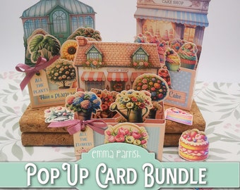 Pop Up Card Making Bundle, Cricut PNG, Cake Shop, Flower Shop & Greenhouse Box Card Printable, Happy Mail, Papercraft, Junk Journal Insert