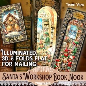 Coin lecture de Noël, imprimable, atelier du Père Noël, décoration de Noël, lumières, vieux livre imprimable, boîte à livres, Cricut, cadeau à envoyer par la poste