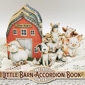 May include: A colorful accordion book with a red barn and farm animal cutouts. The barn has a white door and windows. The farm animals include a sheep, dog, cat, goat, cow, and pig. The text on the book reads "Little Barn" and "Little Barn Accordion Book Printables".