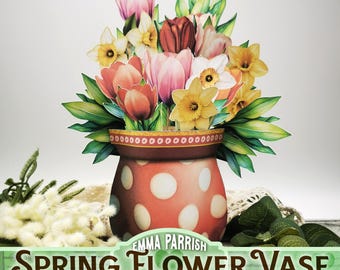 3D Pop-Up Flower Vase Card, Spring Tulips & Daffodils, Printable DIY Papercraft, Junk Journal Ephemera, Birthday, Mother's Day Card, Cricut