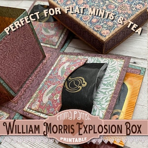 May include: A printable William Morris Explosion Box with a floral design. The box is open to reveal a pocket for a small gift, such as a tea bag or a mint.
