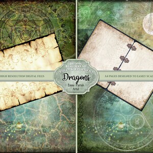 May include: Two digital paper backgrounds for scrapbooking or digital art projects. The first page features a vintage parchment paper with a gold floral design and a circle with a magical symbol. The second page features a closed book with a vintage look and a moon in the background. Both pages have a green and blue color scheme.