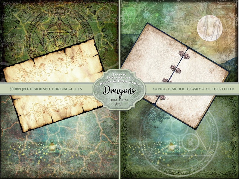 May include: Two digital paper backgrounds for scrapbooking or digital art projects. The first page features a vintage parchment paper with a gold floral design and a circle with a magical symbol. The second page features a closed book with a vintage look and a moon in the background. Both pages have a green and blue color scheme.