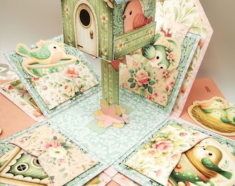 Little Birdhouse Printable Exploding Box Card, Junk Journaling, Cricut Tested, Cute Bird Birthday Card Making, Papercraft, Gift