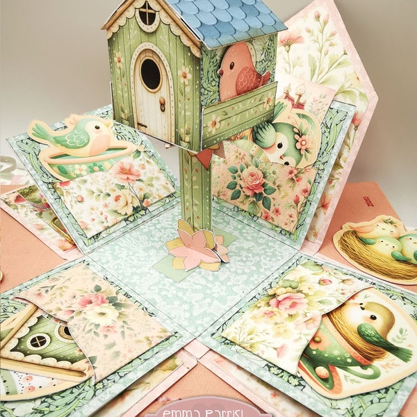 Little Birdhouse Printable Exploding Box Card, Junk Journaling, Cricut Tested, Cute Bird Birthday Card Making, Papercraft, Gift