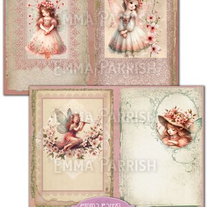 May include: A digital collage sheet featuring four images of fairies with cherry blossoms. The fairies are wearing floral crowns and dresses. The background is a vintage-style paper with a pink and white floral pattern.