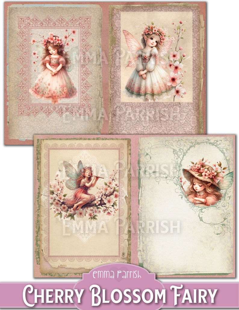 May include: A digital collage sheet featuring four images of fairies with cherry blossoms. The fairies are wearing floral crowns and dresses. The background is a vintage-style paper with a pink and white floral pattern.