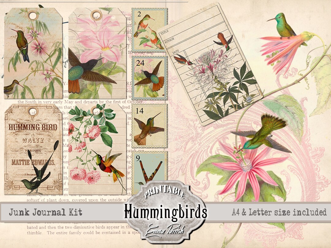 Hummingbird Junk Journal Kit, Bird Printable Pages, Vintage Ephemera ...