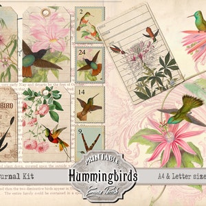 Hummingbird Junk Journal Kit, Bird Printable Pages, Vintage Ephemera Digital Download Paper, Vintage Hummingbird Download Scrapbook Kit