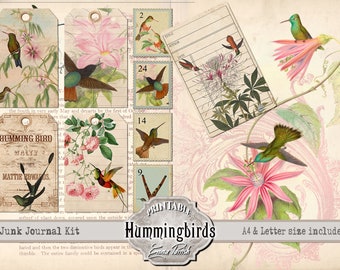 Kit diario di colibrì con pagine stampabili, carta da scaricare digitale con effimeri vintage, kit di album di ritagli con colibrì vintage