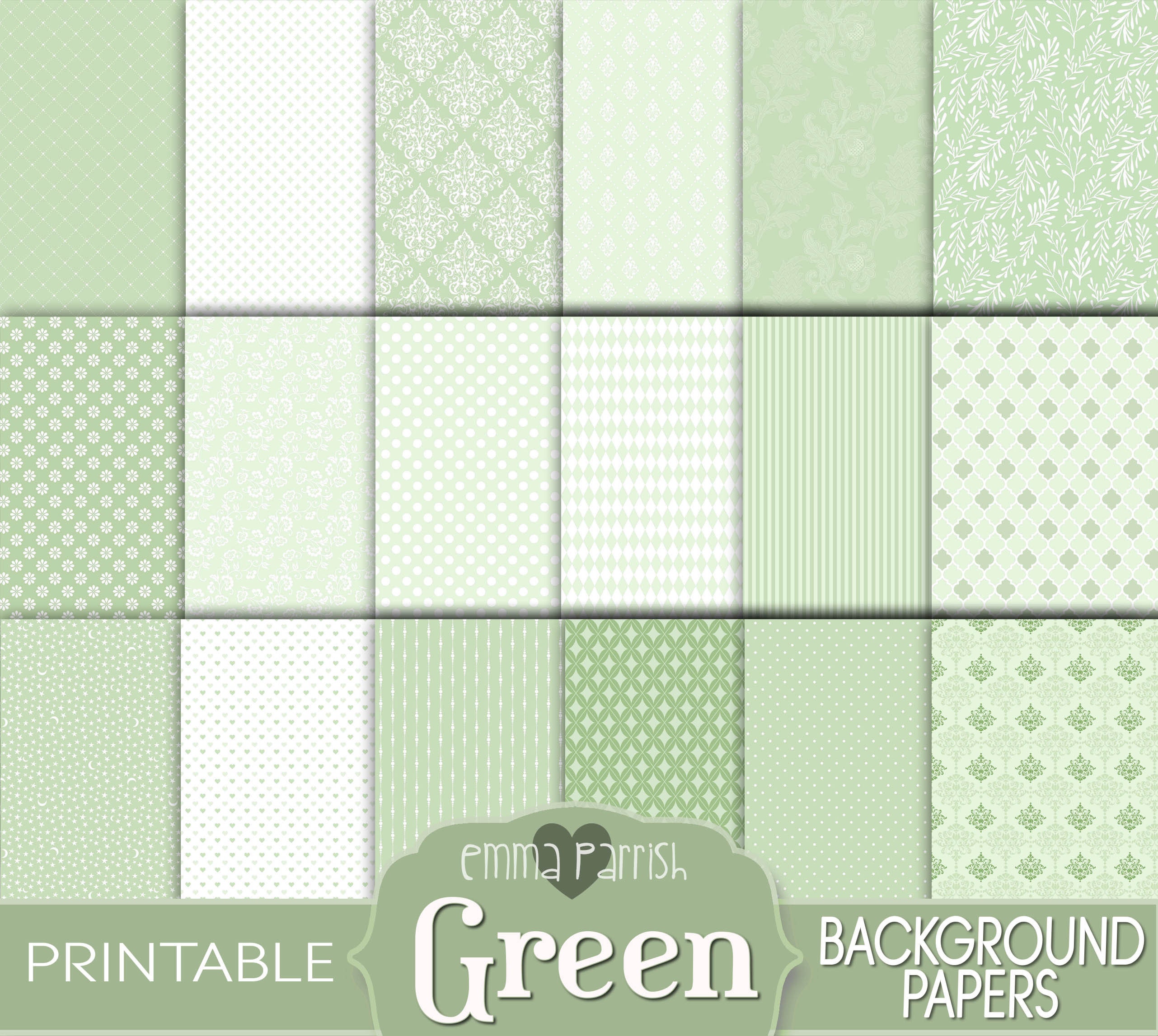 Green Patterned Printable Paper Kit, for Junk Journal