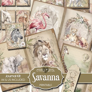 Kit de diario basura imprimible Savanna, papel digital efímero de animales salvajes, flamenco, elefante, león, juego de diario vintage de descarga instantánea