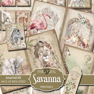 Savanna Printable Junk Journal Kit, Wild animals Ephemera Digital Paper, Flamingo, Elephant, Lion, Vintage Instant Download Journal Set