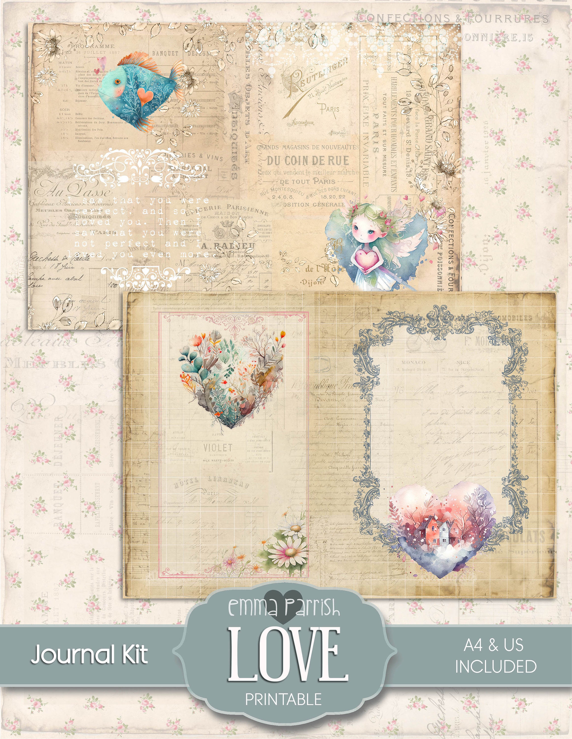 Love Junk Journal Kit, Cute, Pink, Watercolor, Fairy, Pastel