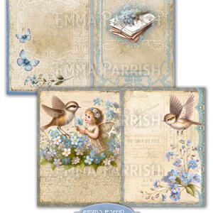 May include: A digital collage sheet featuring a fairy with blue wings and a crown of forget-me-not flowers, a bird, and a vintage floral design. The sheet includes the text "Forget Me Not Fairies" and "Emma Parrish".