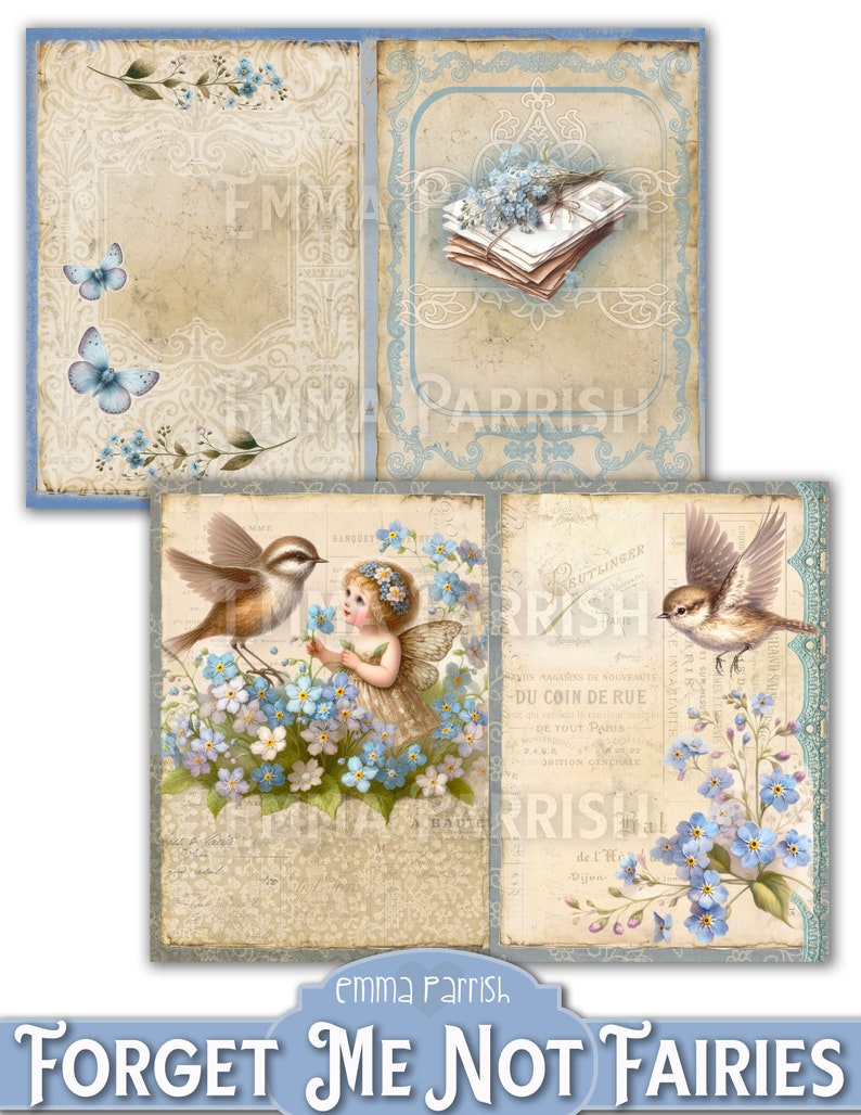May include: A digital collage sheet featuring a fairy with blue wings and a crown of forget-me-not flowers, a bird, and a vintage floral design. The sheet includes the text "Forget Me Not Fairies" and "Emma Parrish".