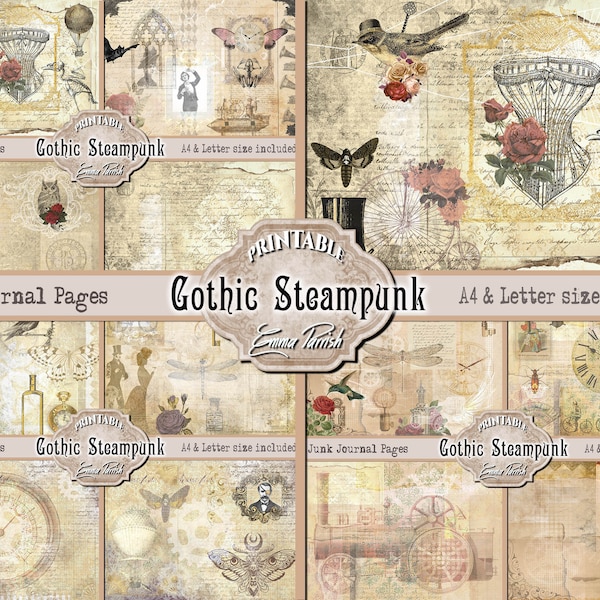 Gothic Steampunk Printable Junk Journal Pages Set, Gothic Digital Paper Pack, Steampunk Scrapbook Collage Sheets