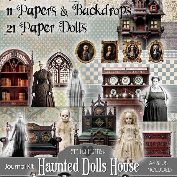 Haunted Dollhouse Journal Kit, Printable Paper Dolls House, Halloween, Ghosts, Paper Dolls, Vintage,  Victorian Dollhouse Wallpaper Kit