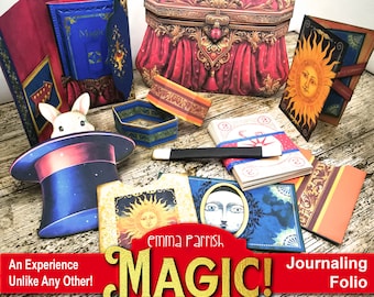 May include: A collection of paper craft items including a red ornate box, a blue top hat with a white rabbit, sun and moon themed cards, and a black wand. Text reads 10 INTERACTIVE PROJECTS, Emma Parrish MAGIC! Journaling Folio, and 5 MAGIC TRICKS.