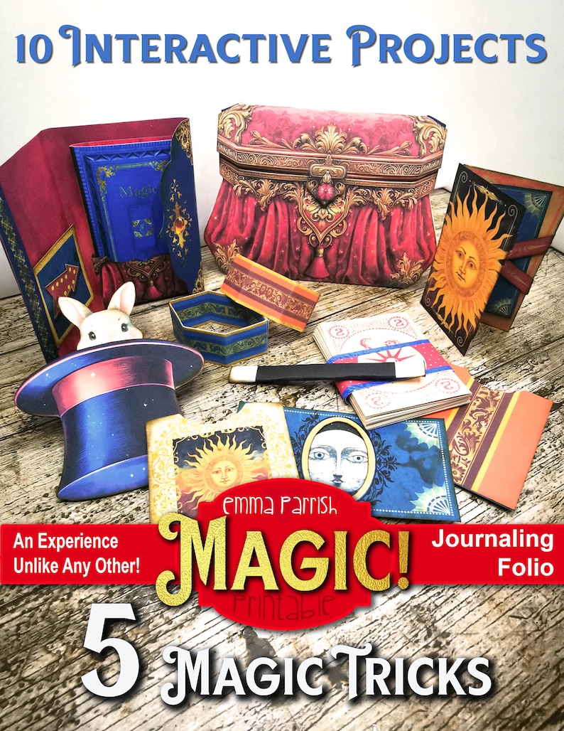 K&ouml;nnte beinhalten: Ein Set mit 10 druckbaren interaktiven Projekten zum Thema Magie. Das Set enth&auml;lt einen Zauberhut, eine Zauberbox, ein Tagebuch und mehrere Karten. Der Text "10 Interactive Projects", "An Experience Unlike Any Other!" und "5 Magic Tricks" ist auf dem Bild zu sehen. Der Text "Emma Parrish" ist ebenfalls auf dem Bild zu sehen.